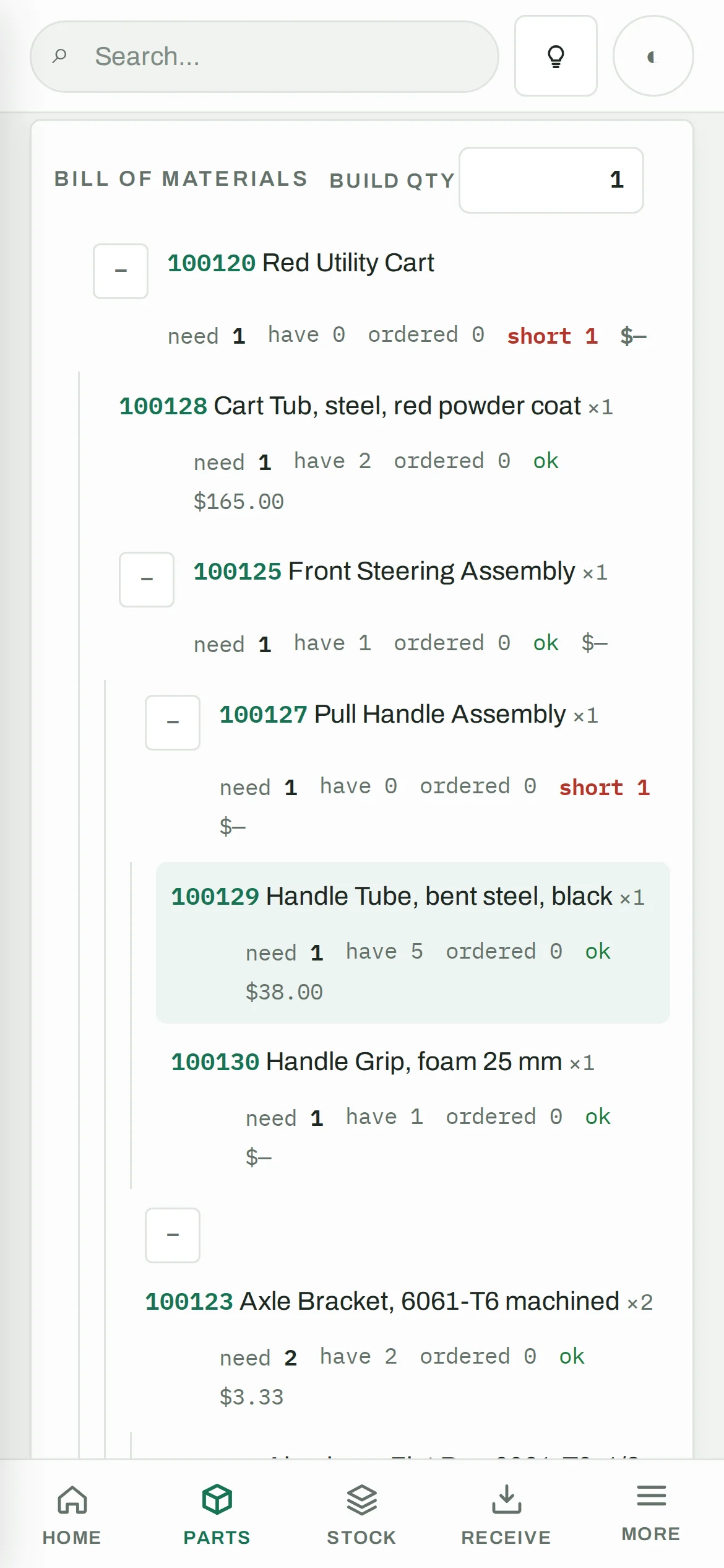 The cart's bill of materials on a phone