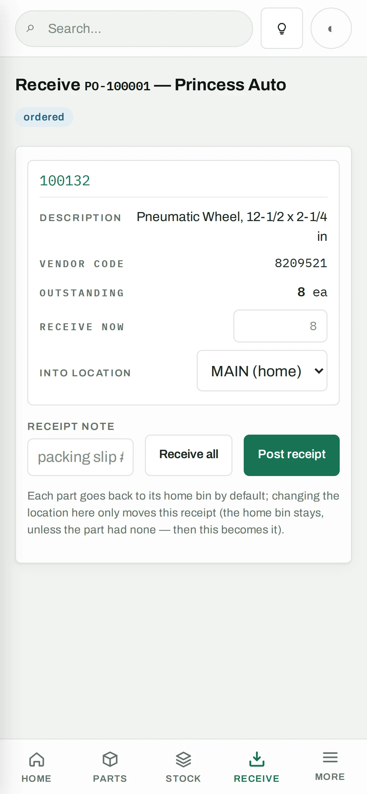 Receiving a purchase order on a phone, line by line